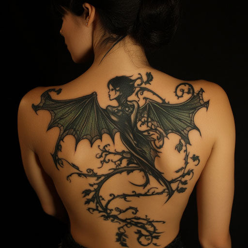 Female back tattoo in the style of Gerald Brom with dark gothic wings and twisted vines