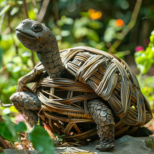 A turtle with a shell made of woven wicker, in a peaceful garden