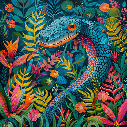 Snake in a vibrant rainforest with colorful flora