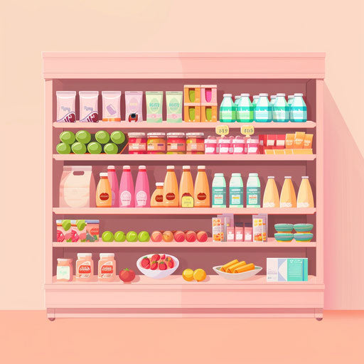 Realistic style supermarket clipart on pastel peach background