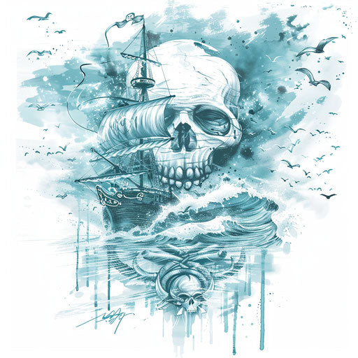 Serene tattoo sketch of the Jolly Roger on calm seascape