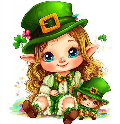 St. Patrick's Day baby girl with leprechaun and cute doll