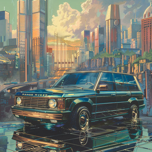 Retro-futuristic SUV in a utopian city