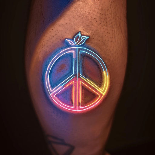 Modern peace tattoo sketch with a minimalist peace sign in neon colors against a sleek, dark backdrop