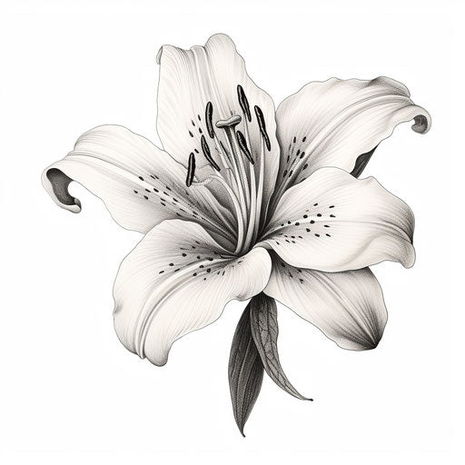 Black and white lily flower drawing, tattoo style, high resolution