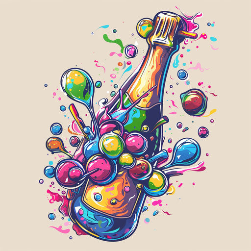 Vibrant tattoo sketch of a champagne bottle popping with colorful bubbles