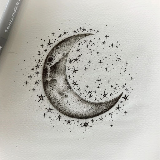 Crescent moon surrounded by twinkling stars, tattoo design on white