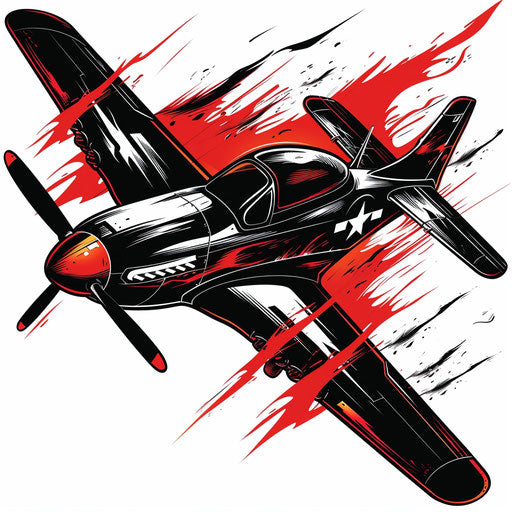 Bold red and black flat tattoo sketch of a fighter plane with flames