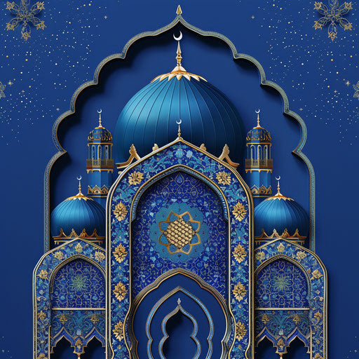 Realistic Eid clipart shines on flat royal blue background