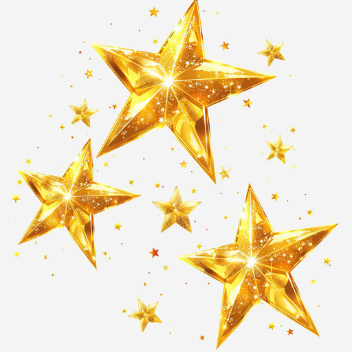 Three golden stars on transparent background, Xing Xing style