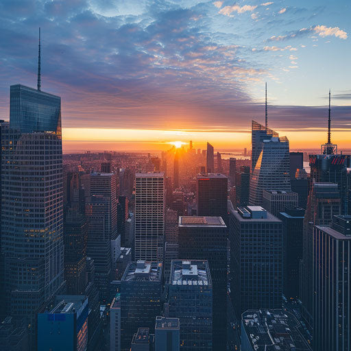 Pictures of finance with panoramic view of a city's financial district at sunrise