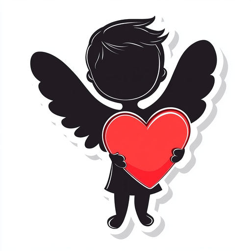 Silhouette of Cupid holding a heart, red on white background