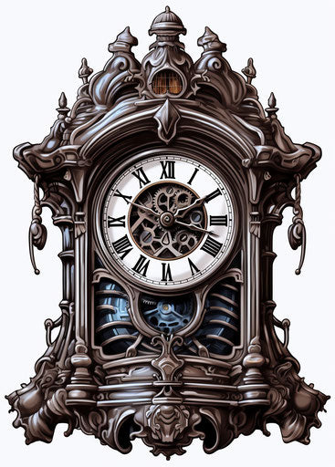 Digital pencil drawing of a gothic steampunk clock on transparent background