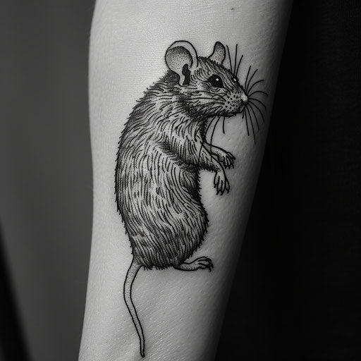 Nostalgic tattoo sketch of a rat reminiscent of vintage cartoons, in classic black and white