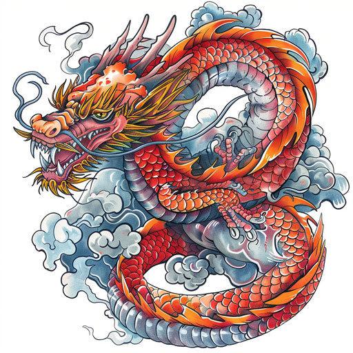 Artistic sketch of traditional dragon tattoo on cloud