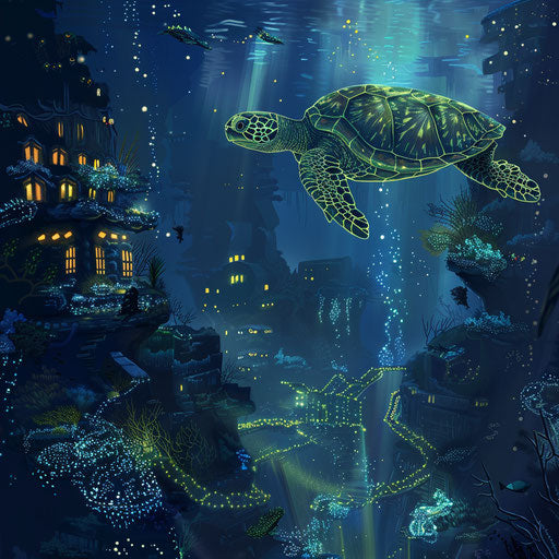 Exploring an underwater city by a bioluminescent turtle