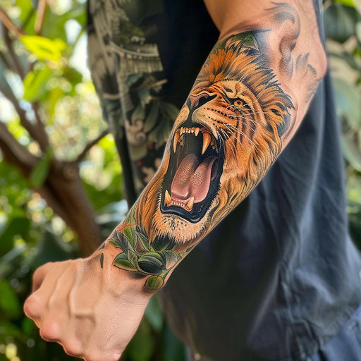 Realism tattoos of a roaring lion, in the style of Guy Aitchison, on the forearm