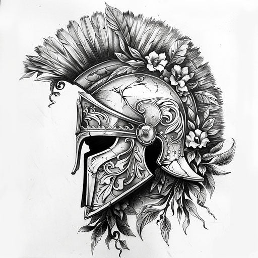 Sketch of majestic spartan helmet tattoo with intricate floral patterns