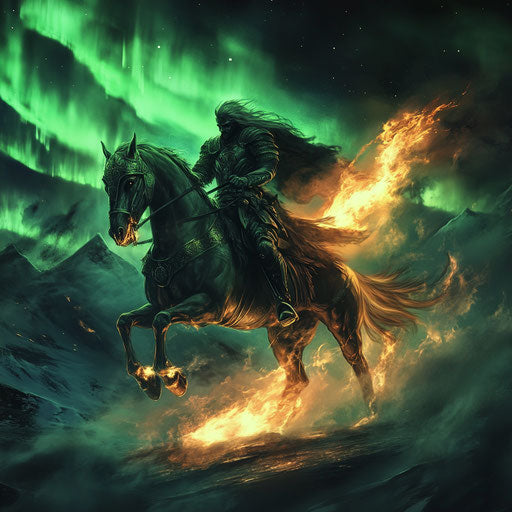 Headless horseman in Norse armor, fire-breathing horse riding through misty battlefield under Northern Lights