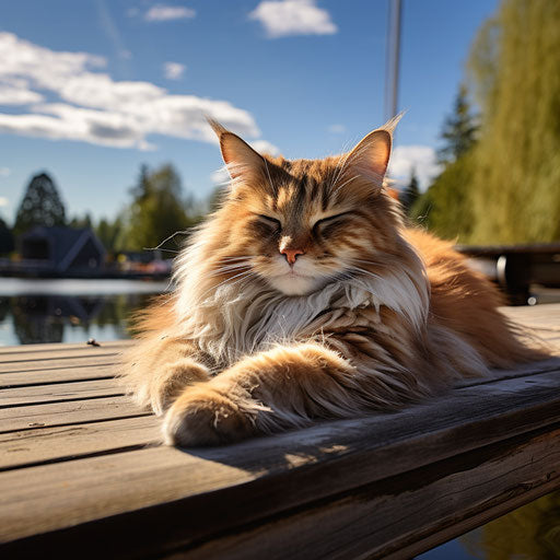 Norwegian forest cat lying on a dock