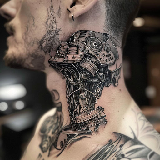 Men's neck tattoo with cybernetic and futuristic elements