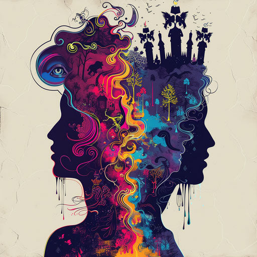 Dreamy tattoo of king and queen with realms in silhouette