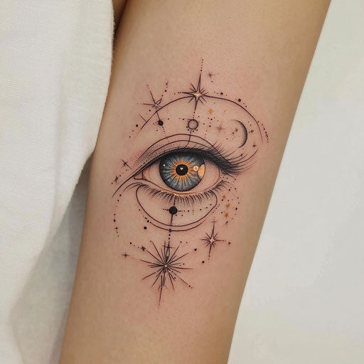 Flat style tattoo of mystical eye and stars on inner elbow
