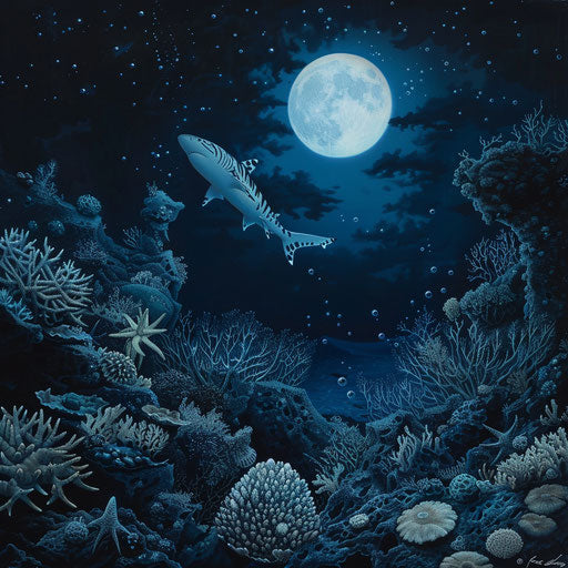 Nocturnal underwater exploration of a zebra shark under the moon