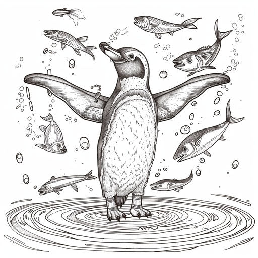 Playful penguin balancing fish while juggling