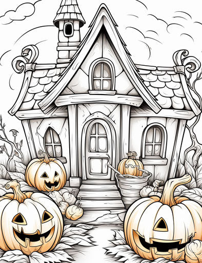Halloween coloring pages with a house and pumpkins