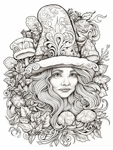 Coloring page of an oversized hat with shamrocks