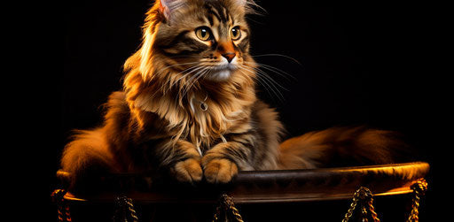 Cat sitting on scratching pole in dark gold and light brown style