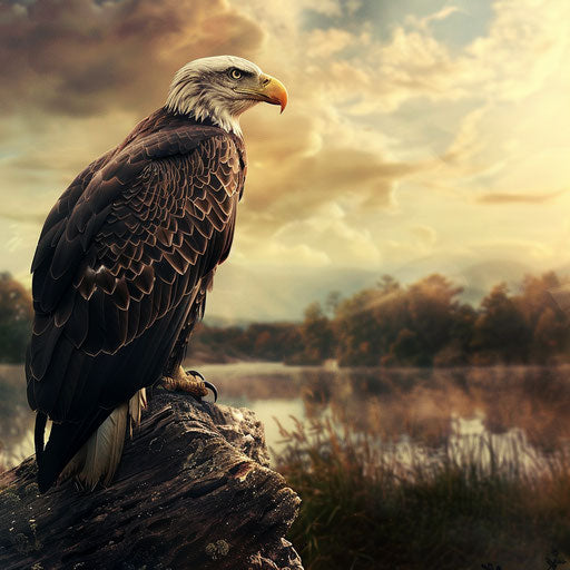 Bald eagle perched with a beautiful lake in the background