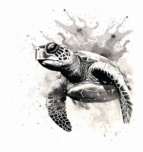 Sea turtle in flowing black and white silhouettes