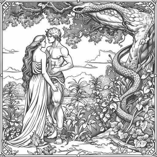 Adam and Eve tempted by the serpent, detailed illustration