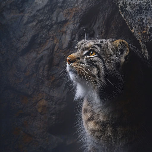 Dramatic portrait of a manul cat on a rugged backdrop
