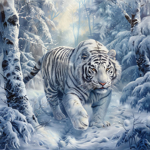 The majestic white tiger in a snow-covered forest