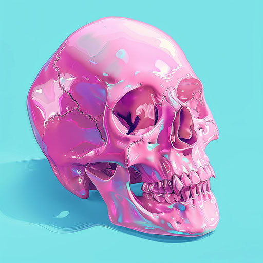 Pink skull on blue background, cartoon style, shiny eyes