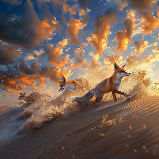 Fox surfing sand dunes at dusk