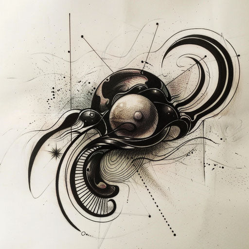 Dynamic flat tattoo sketch of a black pearl with abstract waves
