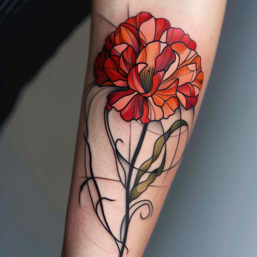 Vibrant black lines divide colorful carnation tattoo on white