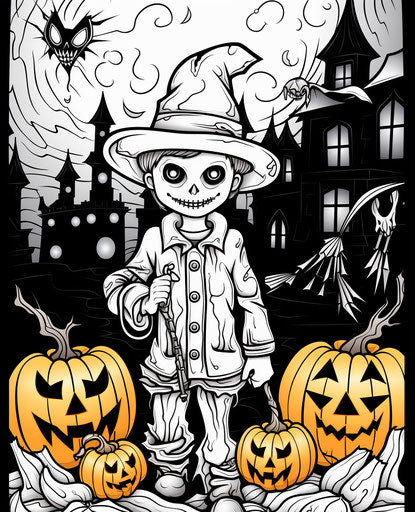 Cartoon Halloween coloring pages for kids, captivating pointillist style 25:31