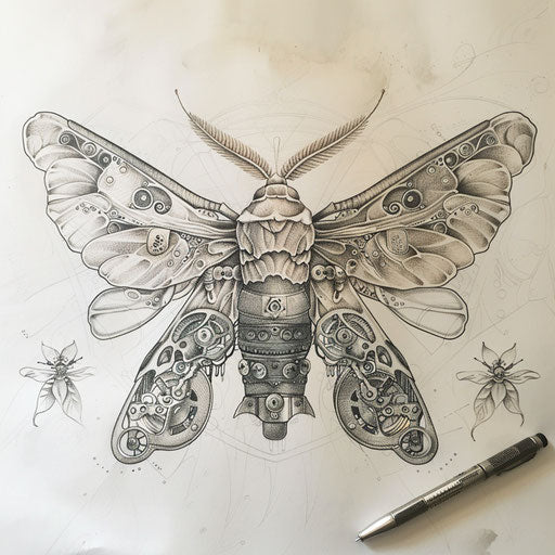 Steampunk influenced death moth tattoo drawing on white background