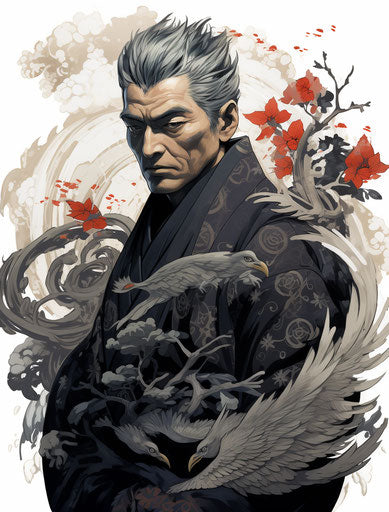 Anime drawing of a zatoichi, tristan eaton style