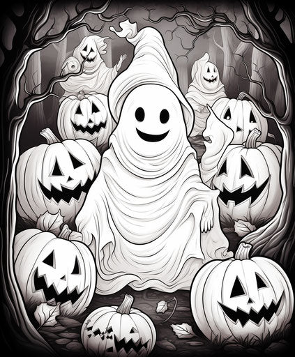 Halloween coloring page with ghosts and pumpkins