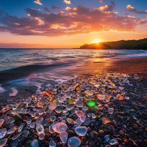 Glass beach at sunset with vibrant colors reflecting on ocean and glass