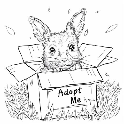 Whimsical scene of a bunny peeking out of a box with 'Adopt Me' written on it.
