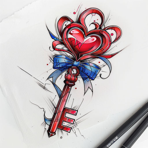Bold and graphic tattoo sketch of a key with a heart-shaped bow in vivid reds and blues