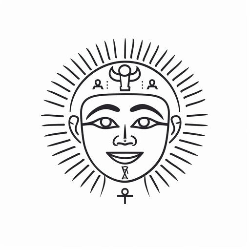 Ancient Egyptian style smiley face tattoo, hieroglyphics and symbols, on white.