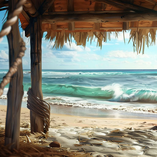 Close-up of beach cabana with ocean and waves in background